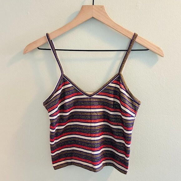 Topshop Striped Glitter Crop Top US Size 8 Gold Purple Tank Cami V Neck Blouse - Picture 1 of 6